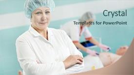  Presentation with medic - Audience pleasing slide set consisting of industrial pulse - adult female doctor in front backdrop and a lemonade colored foreground