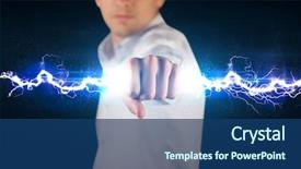  Presentation with hands holding - Cool new slides with industrial relations - business man holding electricity light backdrop and a ocean colored foreground