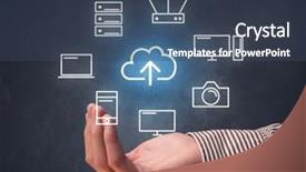  Presentation with hovering - Colorful PPT theme enhanced with industrial relations - cloud and computing related icons backdrop and a ocean colored foreground