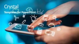  Presentation with tablets wood table tablet white - Presentation theme with industrial relations - female hands touching tablet background and a ocean colored foreground