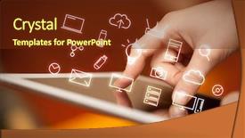  Presentation with tablet - Presentation theme having industrial relations - female hands touching tablet background and a tawny brown colored foreground