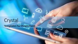  Presentation with tablet - Amazing slide set having industrial relations - female hands touching tablet backdrop and a light blue colored foreground