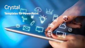  Presentation with tablets wood table tablet white - Cool new PPT theme with industrial relations - female hands touching tablet backdrop and a teal colored foreground