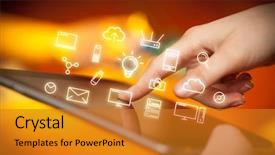  Presentation with tablets wood table tablet white - Slide set consisting of industrial relations - female hands touching tablet background and a  colored foreground