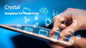  Presentation with tablet - Slides having industrial relations - female hands touching tablet background and a teal colored foreground