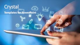  Presentation with tablets wood table tablet white - Cool new presentation theme with industrial relations - female hands touching tablet backdrop and a teal colored foreground