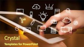  Presentation with tablet - Slide deck with industrial relations - female hands touching tablet background and a  colored foreground