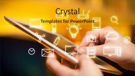  Presentation with tablets wood table tablet white - PPT layouts with industrial relations - female hands touching tablet background and a gold colored foreground