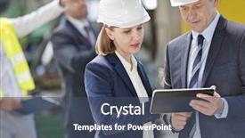  Presentation with using digital tablet - PPT layouts with industrial relationship - businessman and businesswoman using digital background and a ocean colored foreground