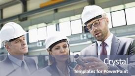  Presentation with precision metal machining by vertical - Beautiful theme featuring industrial relationship - mid adult businessman explaining machine backdrop and a gray colored foreground