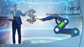  Presentation with trader - Colorful PPT theme enhanced with industrial robot - currency trader using modern technologies backdrop and a light blue colored foreground