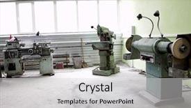  Presentation with industrial machine - Amazing PPT theme having industrial room with big machine backdrop and a light gray colored foreground