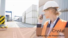  Presentation with walkie talkie - Presentation theme enhanced with industrial safety - female engineer using walkie-talkie background and a coral colored foreground