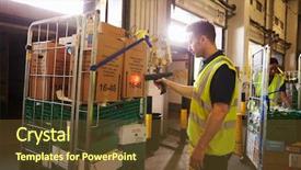  Presentation with warehouse - Beautiful theme featuring industrial safety - man prepares and scans packages backdrop and a tawny brown colored foreground