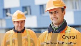  Presentation with team building - Theme featuring industrial safety - team of smiling facade builders background and a yellow colored foreground