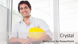  Presentation with hard work and growth - Amazing slide deck having industrial security - portrait of young architect holding backdrop and a light gray colored foreground