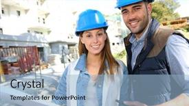  Presentation with paint construction industry - Colorful presentation enhanced with industrial security - smiling architects standing on construction backdrop and a light blue colored foreground