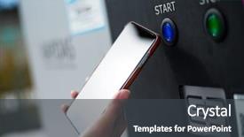  Presentation with electric car charging battery cells - PPT layouts featuring industrial security - woman use cellphone for payment background and a dark gray colored foreground