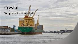  Presentation with port cargo crane ship - Presentation theme enhanced with industrial ships in the port background and a light gray colored foreground