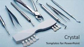  Presentation with dental steel crown - Slide deck having industrial sickness - different dental steel instruments background and a light blue colored foreground