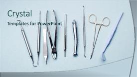  Presentation with sickness - Beautiful presentation theme featuring industrial sickness - different dental steel instruments backdrop and a sky blue colored foreground