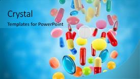  Presentation with sickness - Presentation design consisting of industrial sickness - falling colorful medical pills background and a cyan colored foreground