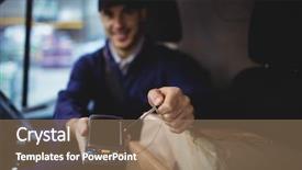  Presentation with heart device - PPT layouts with industrial technology - delivery driver holding device background and a coral colored foreground