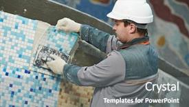  Presentation with builder - Cool new presentation design with industrial tiler builder worker installing backdrop and a gray colored foreground