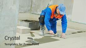  Presentation with builder - PPT theme consisting of industrial tiler builder worker installing background and a light gray colored foreground