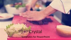  Presentation with master chef - Beautiful presentation featuring hamburger sliders - master chef hands cutting salad backdrop and a coral colored foreground