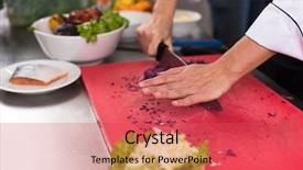  Presentation with master chef - Slide deck enhanced with hamburger sliders - master chef hands cutting salad background and a red colored foreground