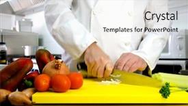  Presentation with restaurant kitchen - Amazing PPT theme having vegetables on cutting board and chef hands detail restaurant kitchen on background backdrop and a white colored foreground