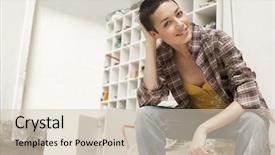  Presentation with work the word in your life - Cool new theme with industrial tools - portrait of young female painter backdrop and a  colored foreground