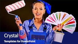  Presentation with black yellow color - Cool new presentation theme with industrial uniform fashion - builder woman with with scale backdrop and a royal blue colored foreground