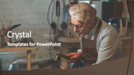  Presentation with workshop - Theme with industrial uniform fashion - elderly shoemaker at work background and a  colored foreground