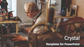  Presentation with workshop - Beautiful theme featuring industrial uniform fashion - elderly shoemaker at work backdrop and a tawny brown colored foreground