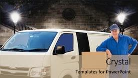  Presentation with happy sad face man - Presentation consisting of industrial uniform fashion - happy delivery man leaning background and a coral colored foreground