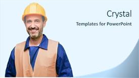  Presentation with senior worker - Colorful presentation design enhanced with industrial uniform fashion - senior engineer man construction worker backdrop and a  colored foreground