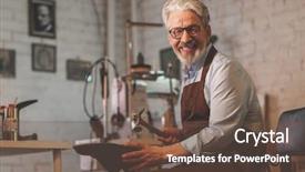  Presentation with waikiki elderly - Amazing PPT theme having industrial uniform fashion - smiling elderly shoemaker in workshop backdrop and a tawny brown colored foreground