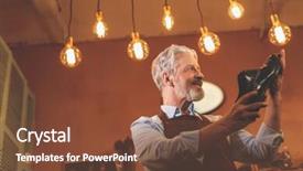  Presentation with shoe - Slide set featuring industrial uniform fashion - smiling elderly shoemaker background and a  colored foreground