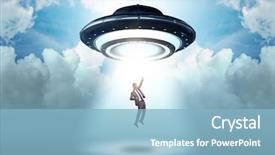  Presentation with flying - Presentation design consisting of industrial visit - flying saucer abducting young businessman background and a light blue colored foreground