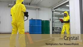  Presentation with industrial chemicals - Slide deck with industrial waste - two workers in protective uniforms background and a coral colored foreground