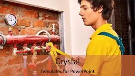  Presentation with piping system - Cool new presentation theme with industrial water piping - men builder fixing heating system backdrop and a red colored foreground