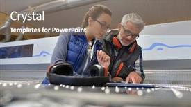  Presentation with industrial textile industry yarn spools - Colorful slides enhanced with industrial woodwork technicians reading blueprint backdrop and a gray colored foreground