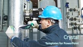  Presentation with insulation worker harassment workplace - Amazing PPT theme having industrial worker at insulation work backdrop and a ocean colored foreground