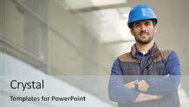  Presentation with modern building - Colorful slides enhanced with industrial worker in hardhat infront backdrop and a  colored foreground