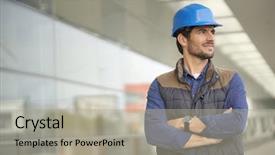  Presentation with modern building - Presentation theme consisting of industrial worker in hardhat infront background and a light gray colored foreground