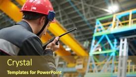  Presentation with walkie talkie - Presentation featuring industrial worker on factory with walkie talkie transmitter background and a tawny brown colored foreground