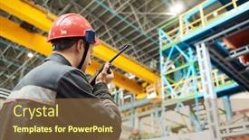  Presentation with walkie talkie - Audience pleasing slide deck consisting of industrial-worker-on-factory backdrop and a coral colored foreground