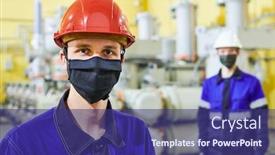  Presentation with power supply - Colorful presentation enhanced with industrial-worker-portrait-in-mask backdrop and a navy blue colored foreground